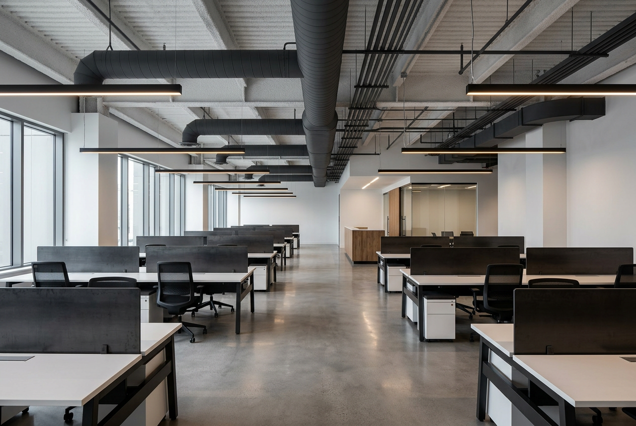 Newly built commercial space after a final post-construction clean, ready for owner walkthrough
